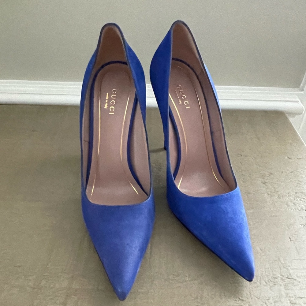 💙 Gucci Blue Suede Pointed Toe Pumps Size 38.5 - Picture 13 of 16